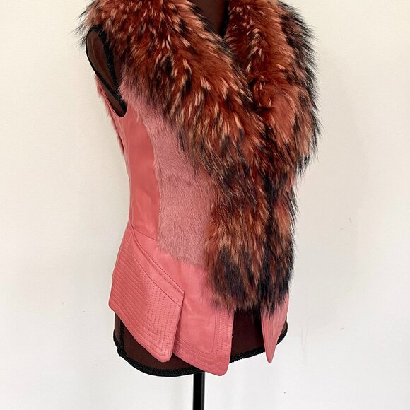 NWOT Pink Leather Vest Real Fox Fur S size - Picture 12 of 16